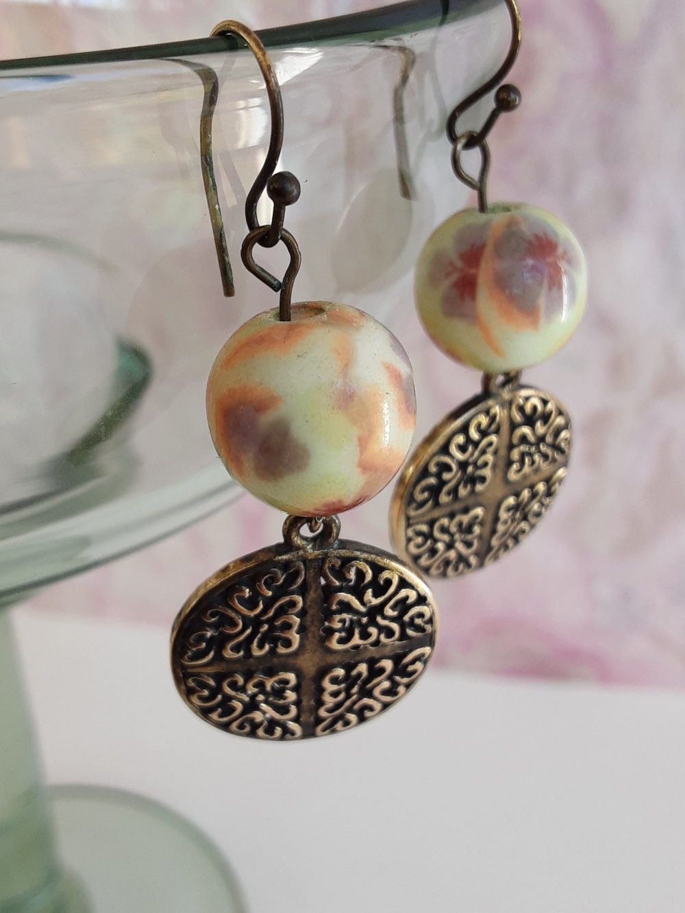 Vintage Multicolor Glass Bead and Brass Disc Drop Earrings